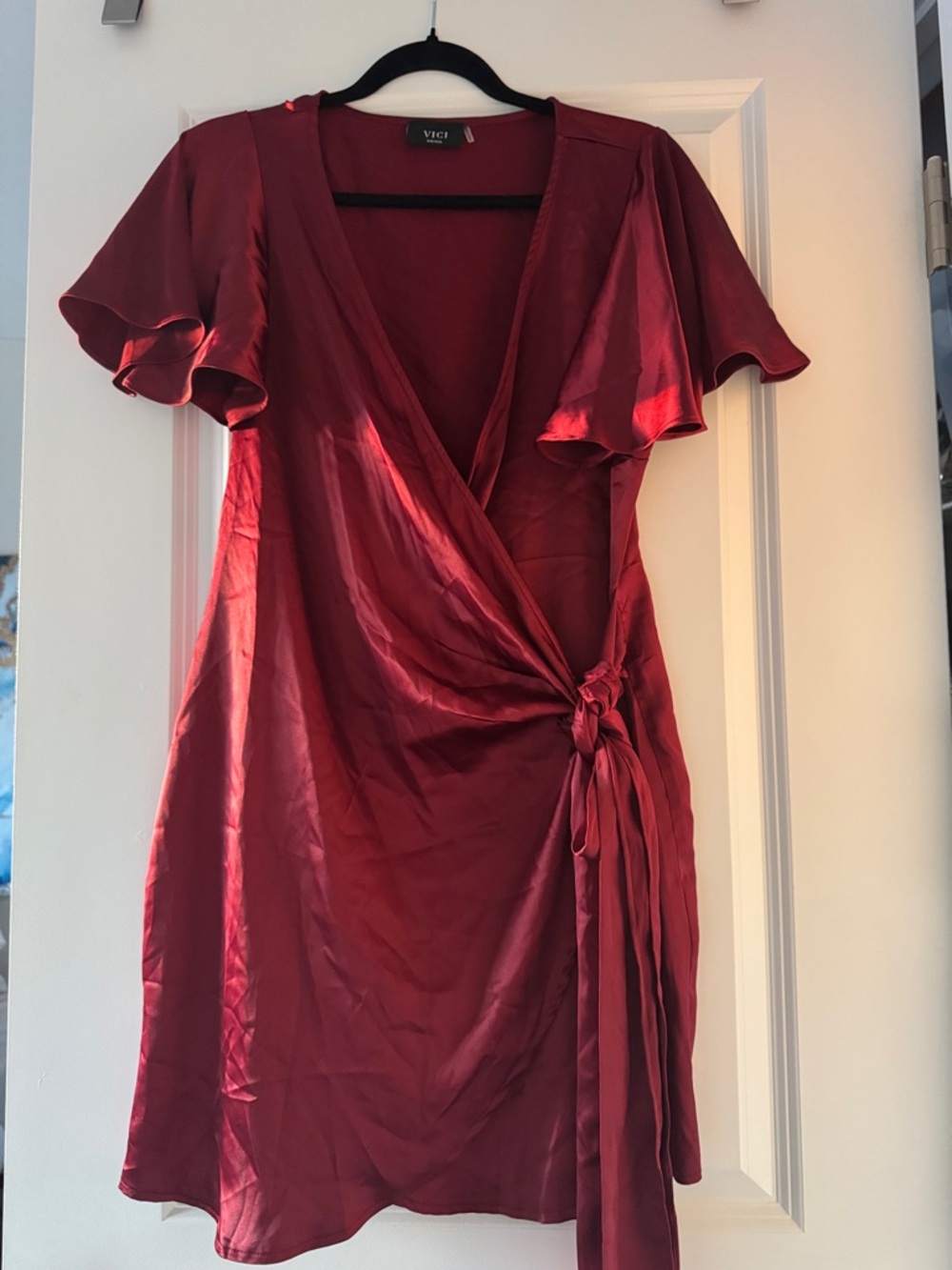 Vici Burgundy Satin Wrap Dress with Flutter Sleeves